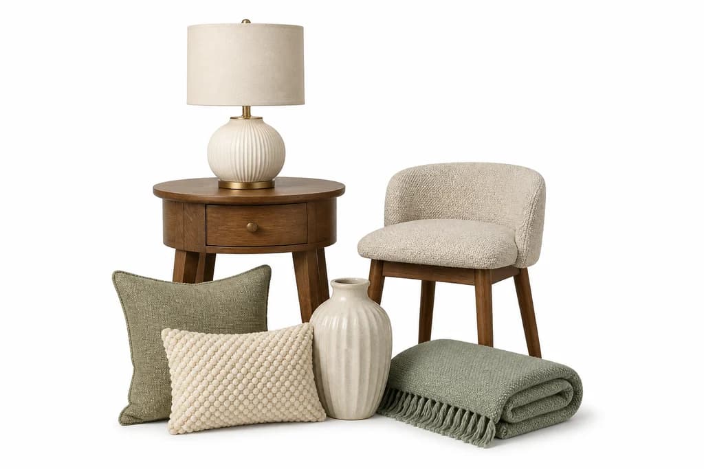 Furniture and homeware products including a side table, lamp, stool, cushions, vase and folded textiles