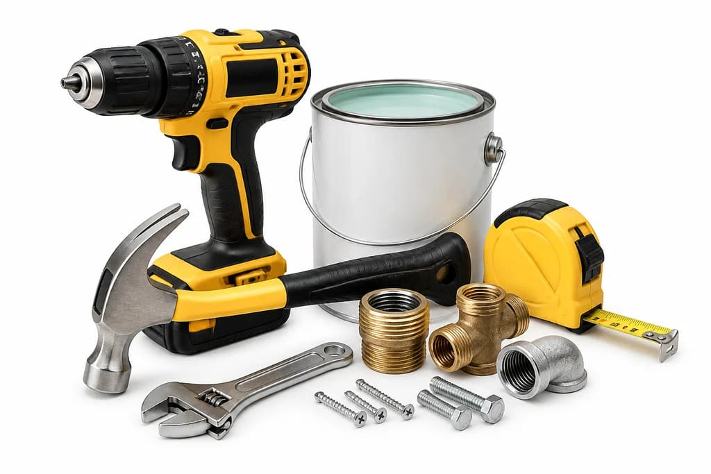 Hardware products including a power drill, hammer, paint can, measuring tape, wrench and fittings