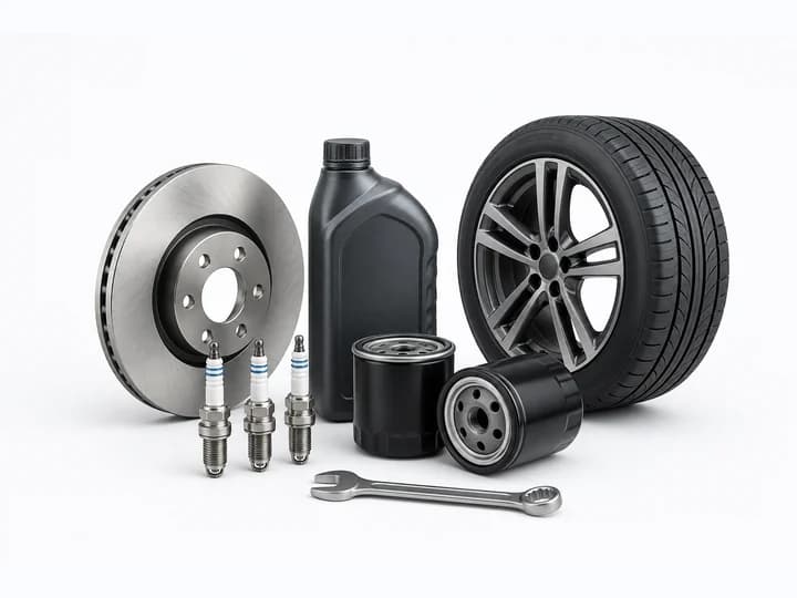 Auto parts including a brake disc, spark plugs, engine oil bottle, oil filters, tyre and wrench