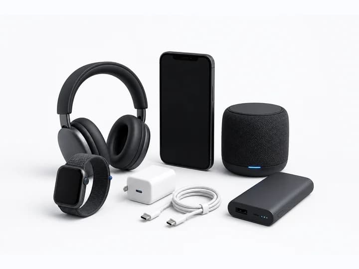 Electronics products including a smartphone, headphones, smartwatch, charger, power bank and speaker