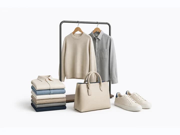 Fashion retail products including a clothing rack, folded shirts, handbag and shoes