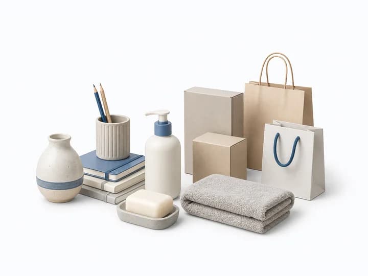 General retail products including home accessories, stationery, packaged boxes, personal care items and shopping bags