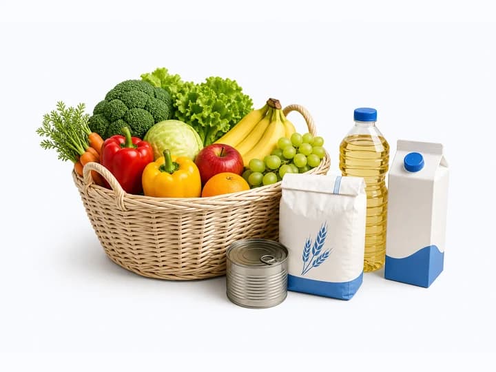 Grocery products including a basket of fruit and vegetables, flour pack, cooking oil and milk carton