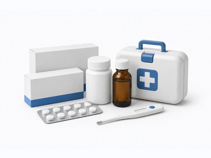 Pharmacy products including medicine boxes, bottles, a blister pack, first-aid kit and thermometer