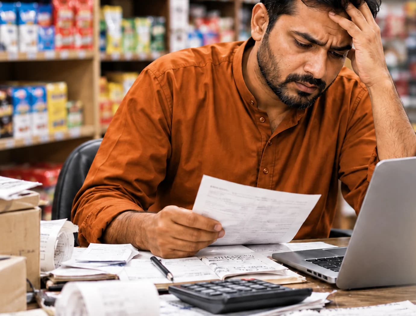 Retail shop owner reviewing paper bills, notebooks and a calculator at the store counter
