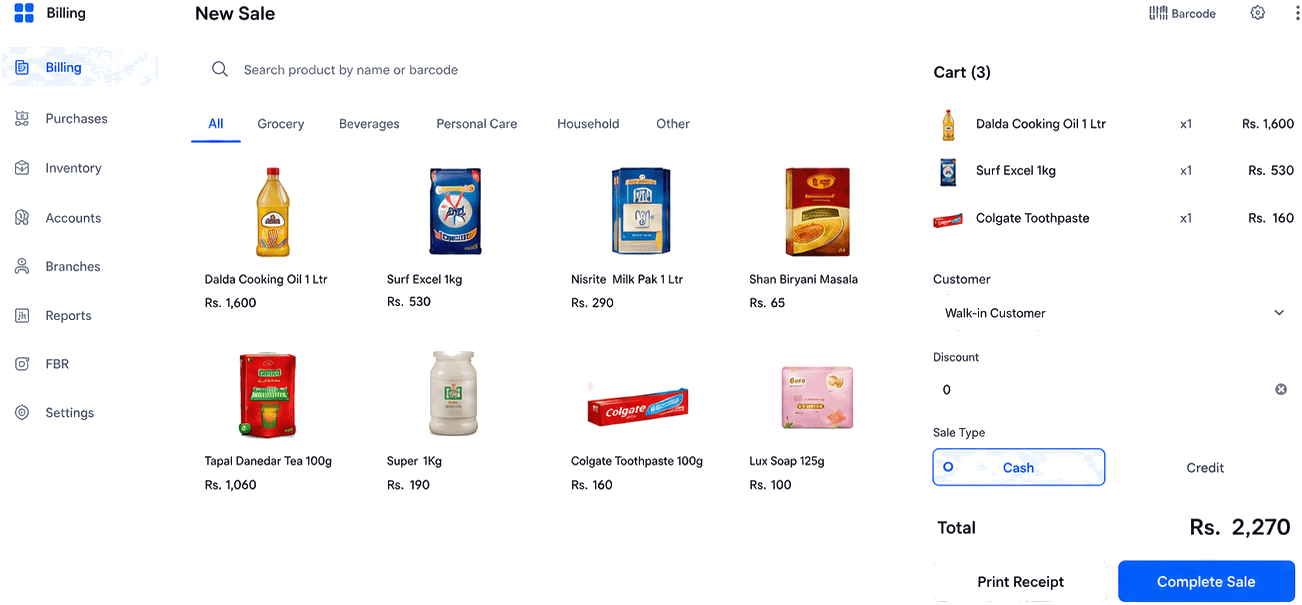 Digital POS New Sale billing screen with products, cart and checkout controls