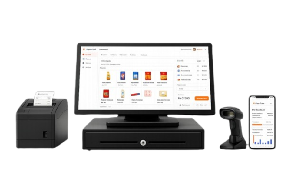 Digital POS hardware with receipt printer, billing monitor, cash drawer, barcode scanner and mobile owner dashboard